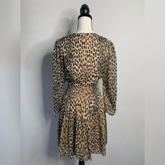 Rebecca Taylor Leopard Print Long Sleeve Plunged Neckline Mini Dress - Picture 11 of 16